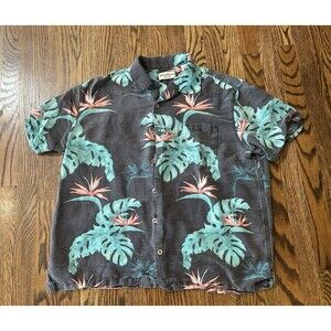 Caribbean 100% Silk Gray Hawaiian Shirt Tropical Short Sleeve Button Down Size L
